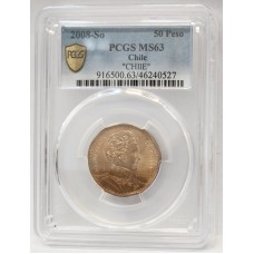 CHILE 2008 . FIFTY 50 PESOS . ERROR . SPELLING ERROR . PCGS GRADED